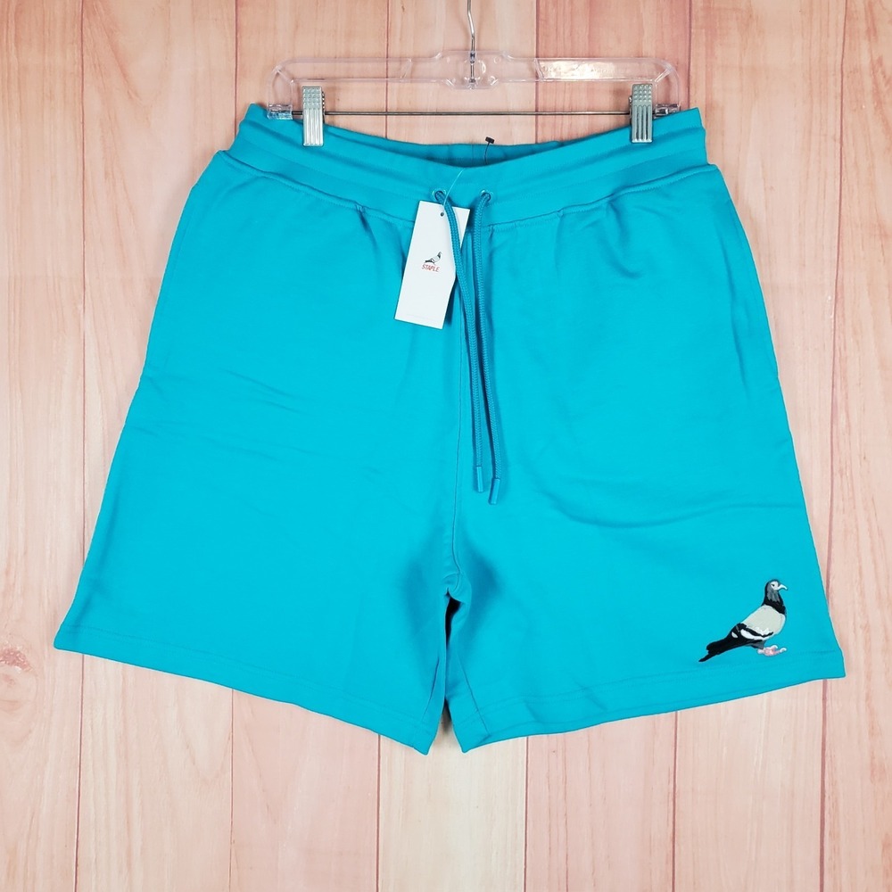 Staple Sweat Shorts Men XL Aqua French Terry Lined Cotton Embroidery Pigeon